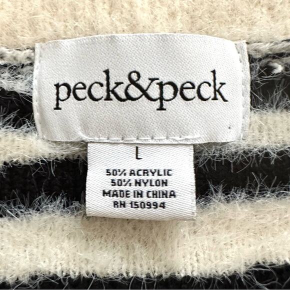 Peck & Peck Sweater Black Ivory Zebra Print V-Neck Oversized Soft Fuzzy Large - Picture 2 of 12
